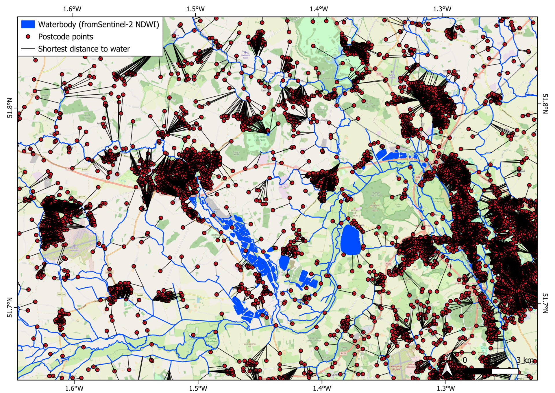 Map with marked areas showing the shortest distance from property postcode to nearest waterbody, based on Ordnance Survey postcodes